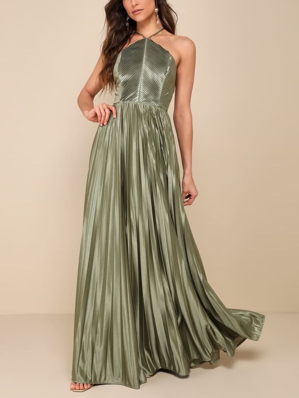 NWT Lulus Elaborate Charm Olive Green Satin Pleated Backless Maxi Dress